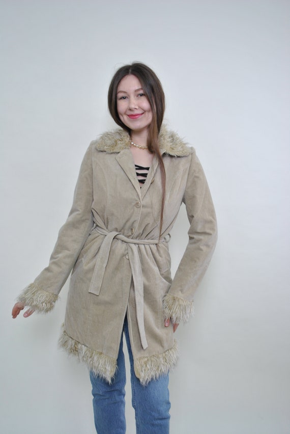 Y2k Beige Corduroy Coat Shaggy Faux Fur Trim Longline Tie Waist Afghan Jacket Medium