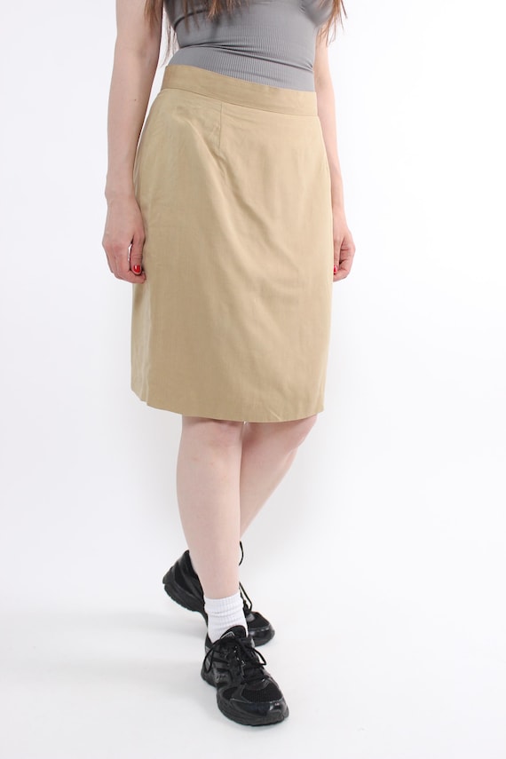 90s beige high waist pencil skirt minimalist knee length office skirt size Large