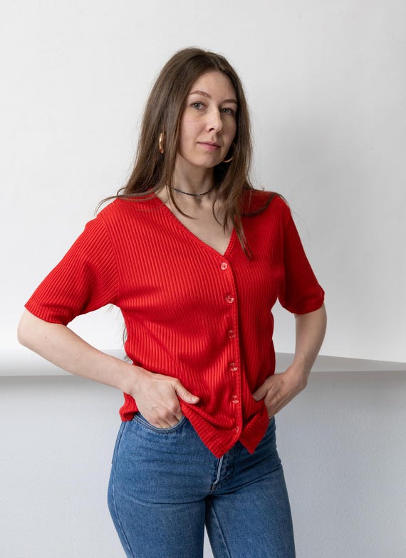 90s Red Ribbed Knit Blouse Vintage V Neck Button Up Top Size M