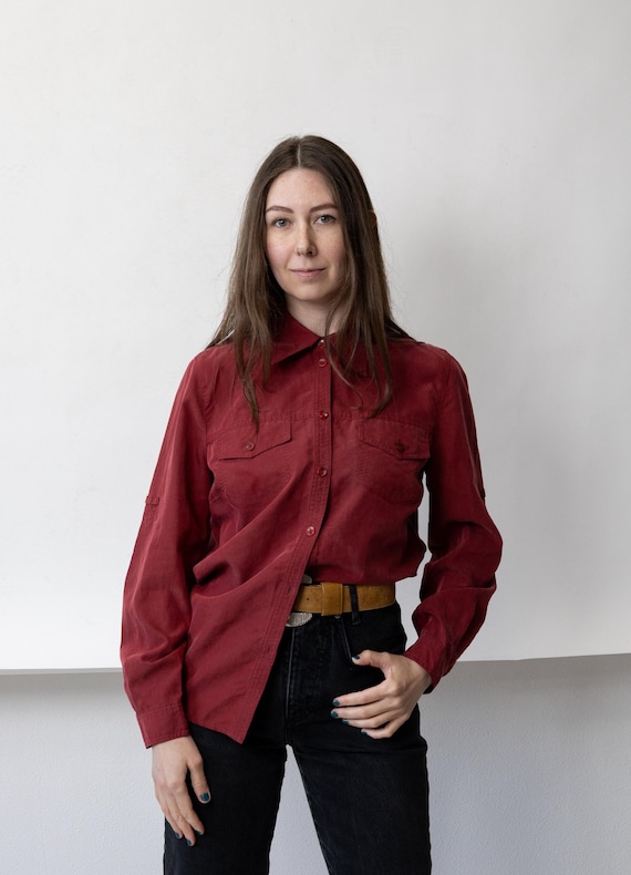 90s Brick Red Utility Shirt Vintage Peachskin Sueded Pocket Button Up Blouse Size L
