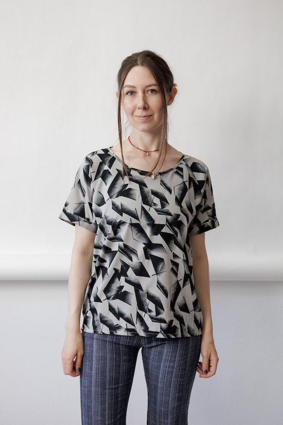 80s Geometric Print Blouse Vintage Black Grey Shattered Glass Abstract Boxy Top Size M