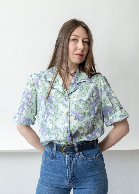 90s Lilac Watercolor Print Blouse Vintage Open Collar Pastel Button Up Shirt Size L