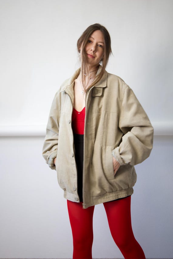 Vintage Beige Suede Bomber Jacket Oversized Size XL