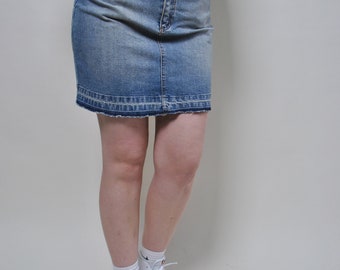 Y2k Denim Mini Skirt: 00s Light Blue Skirt with Pink Seam, Size S