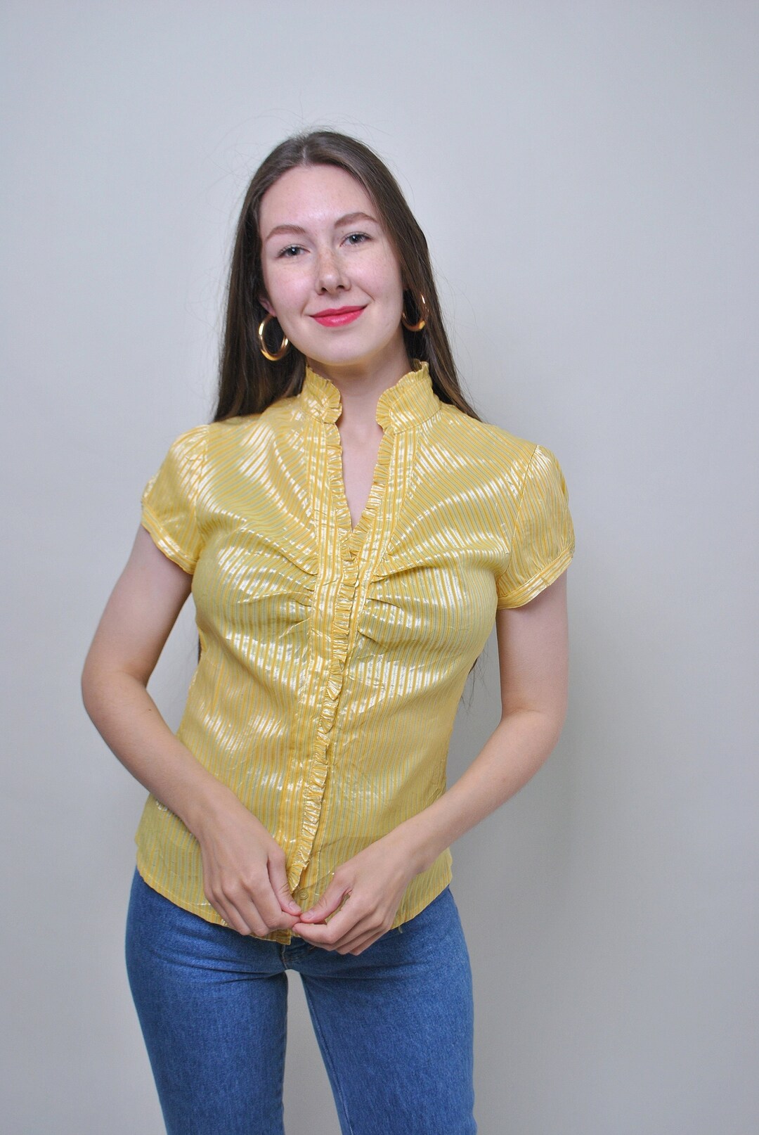 90s Oriental Blouse in Yellow, Vintage Ruffle Collar Striped Pattern ...