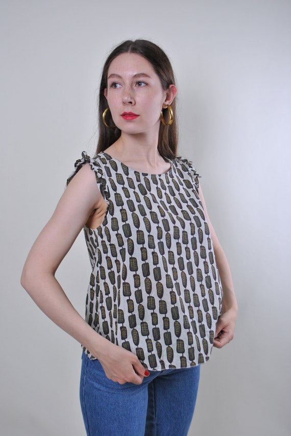 90s abstract print ruched tank top, vintage printed sleeveless blouse, Size M