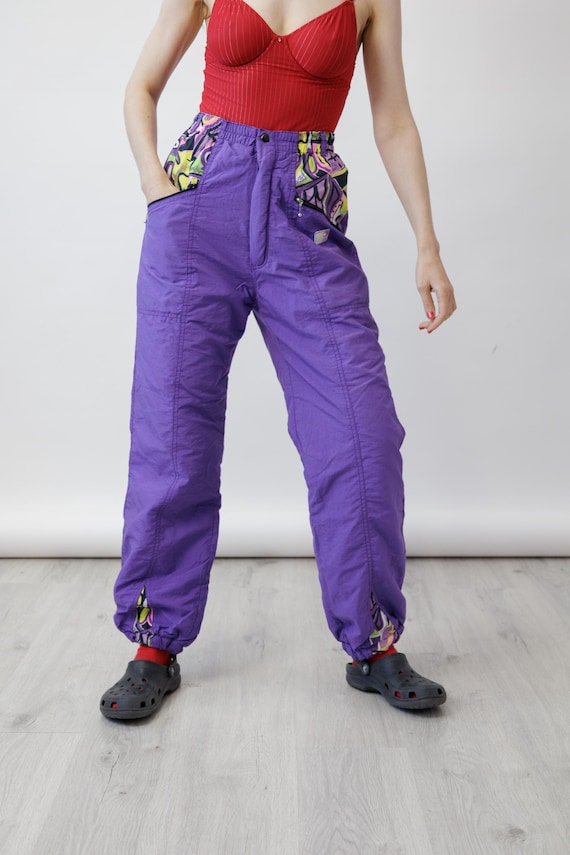 90s Purple Neon Graffiti Print Vintage Ski Pants Made in France Size M