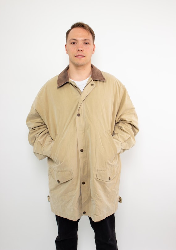 Vintage 90s Gant Cotton Trench Coat, Retro Minimalist Leather Collar Beige Jacket, Oversized XXXL