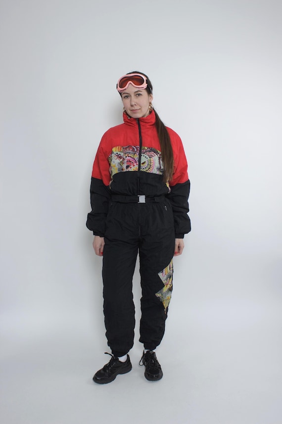 Vintage 90s Ski Suit, Red Black One Piece Snowsuit, Retro Graphic Jumpsuit, Size M