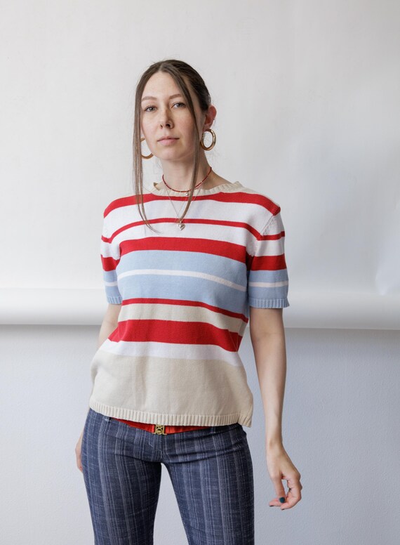 90s Striped Knit Tee Vintage Red Blue Cream Preppy Nautical Retro Top Size M