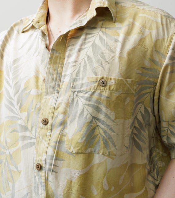 90s Silk Hawaiian Shirt Butter Yellow Sage Palm Camp Collar Button Up Vintage L