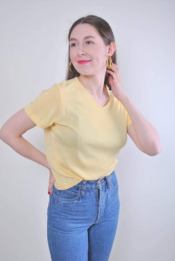 Vintage 90s Butter Yellow Cotton V-Neck Tee, Minimalist Summer Top