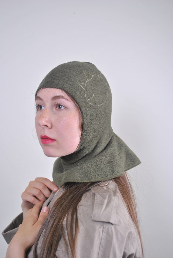 Green kid's balaclava mask, 90s cat embroidery win
