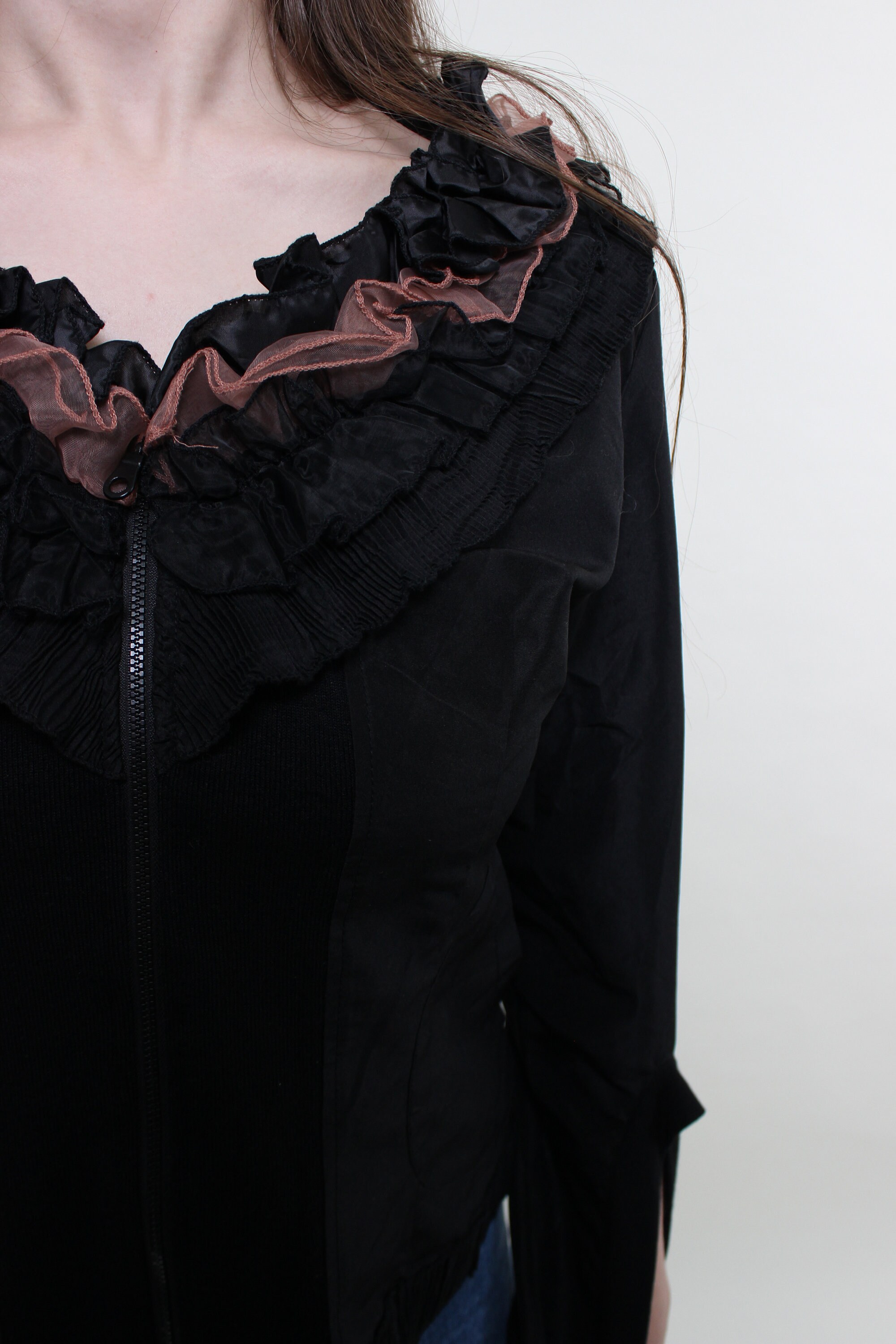 90s Ruffled Blouse in Black, Vintage Rushed Zip up Blouse, Size M - Etsy