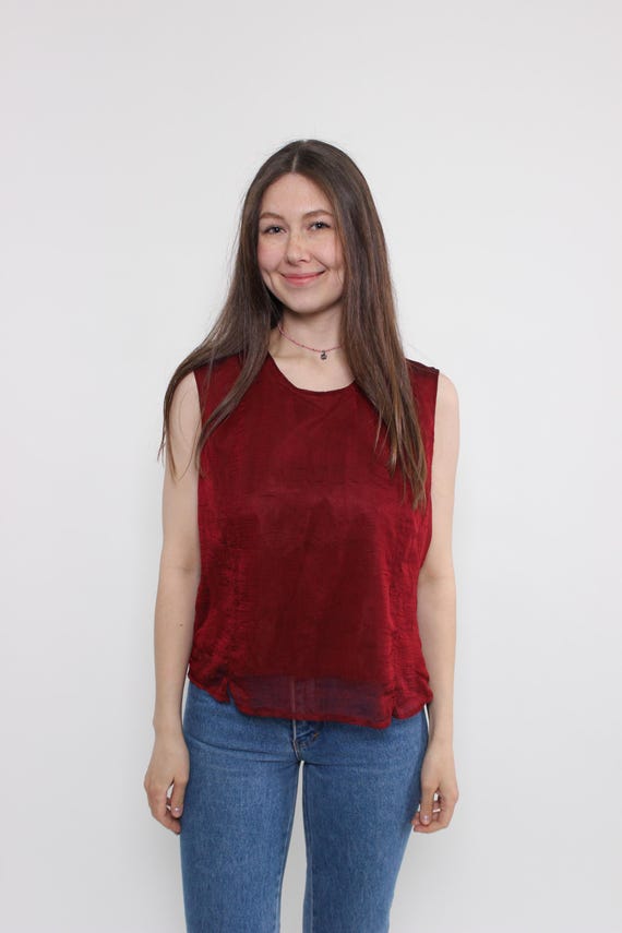 90s minimalist sleeves blouse, vintage red colour crop top, Size M
