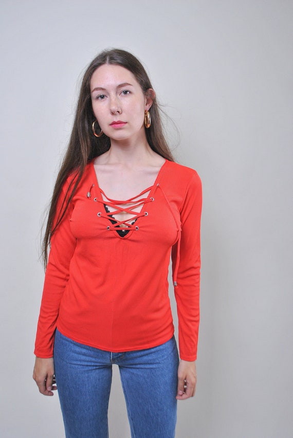 Y2K Vintage Red Lace-Up Top: Ribbed Long Sleeve Blouse, Size S