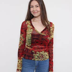 Blusa transparente con estampado floral Y2K, top elástico estilo jersey vintage con flores, talla M