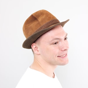 Vintage Fedora aus Wildleder, Hellbraune Wolle, Unisex-Einheitsgröße