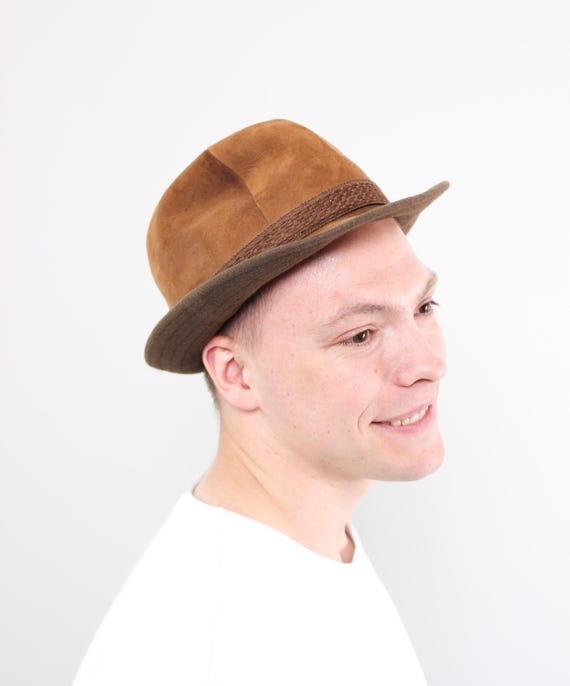 Vintage Suede Fedora Hat, Tan Wool Brim, Woven Trim Trilby, Unisex One Size