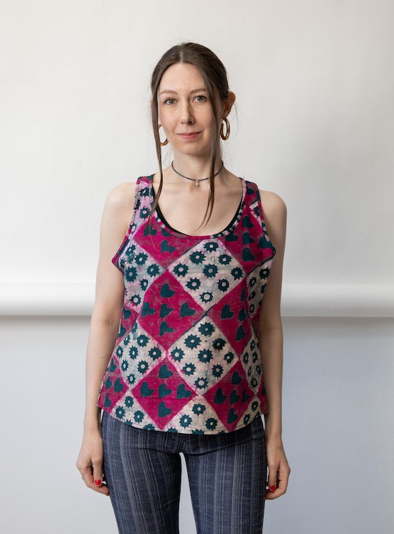 90s Pink Teal Tank Vintage Batik Heart Print Diamond Grid Sleeveless Top Size M