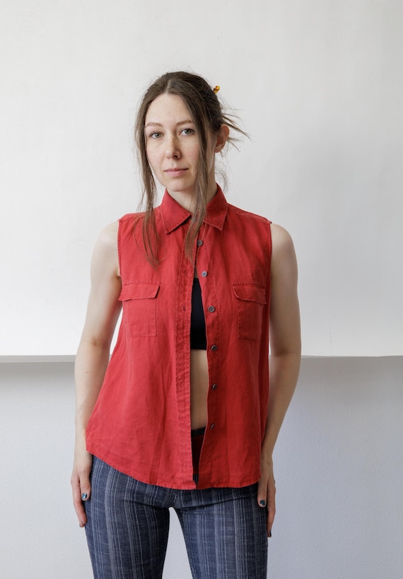 90s Red Linen Sleeveless Button Blouse Vintage Size M
