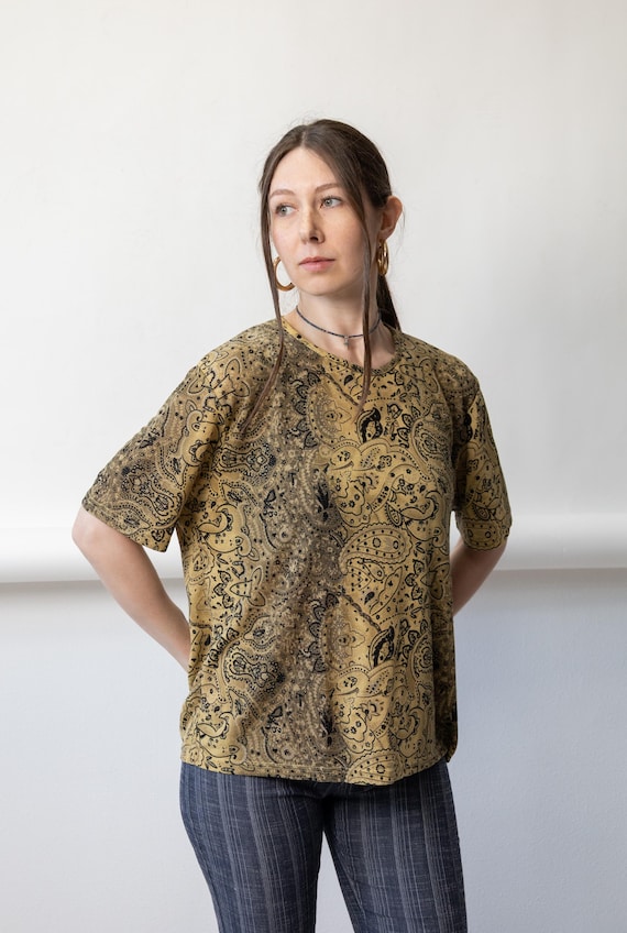 90s Gold Paisley Print Top Metallic Knit Blouse Vintage Boho Short Sleeve Size XL