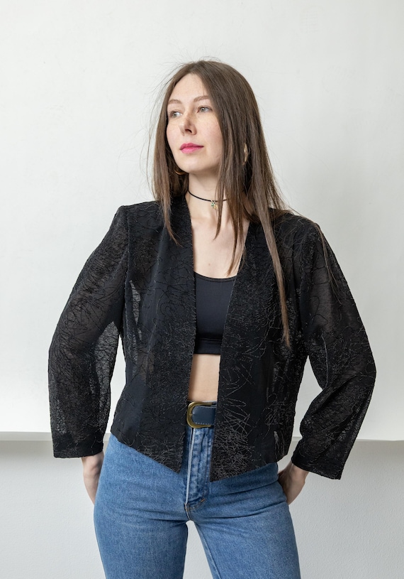 90s Black Glitter Open Front Jacket Vintage Bolero Sheer Shoulder Pad Blouse Size M