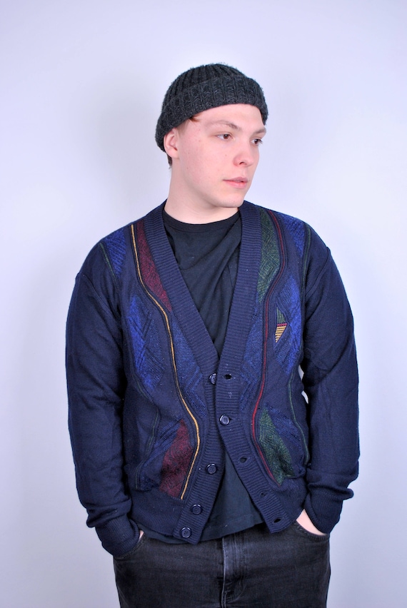 80s retro colourful cardigan sweater, vintage multicolor abstract button cardigan, Size M
