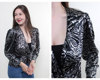 Vintage 80s cocktail blouse, shiny zebra blouse, deep v cropped blouse, Size M