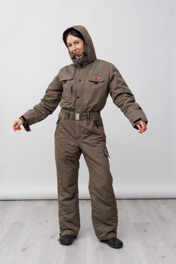 Dorotennis Taupe Utility Cargo Vintage Ski Suit Jumpsuit with Hood Red Lining Size M