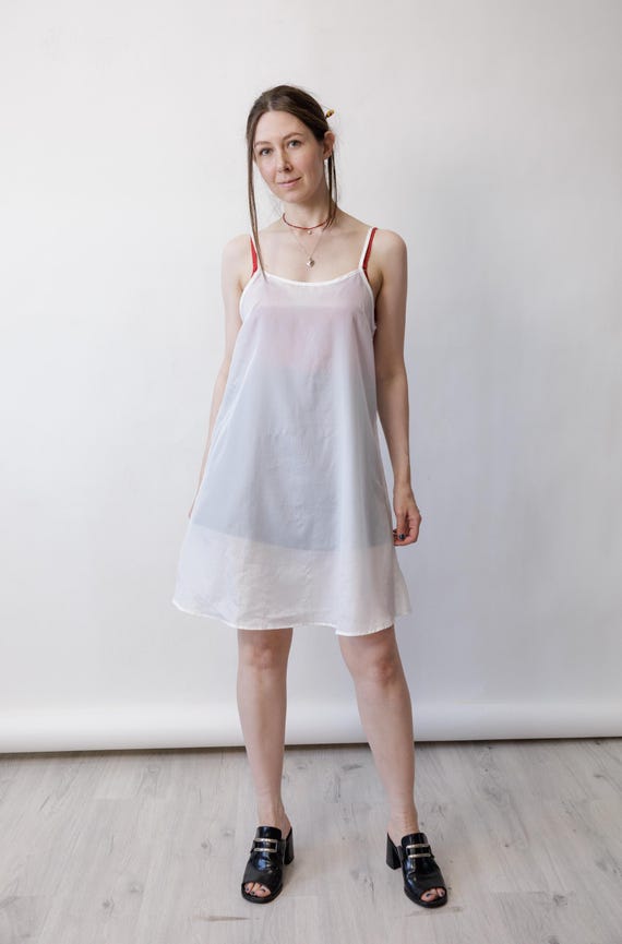 90s White Sheer Slip Dress Vintage Layering Underdress Trapeze Mini Chemise Size L