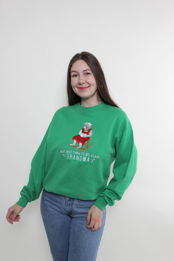 90s Christmas sweatshirt, vintage funky green sweatshirt, grandma embroidered jumper, Size M