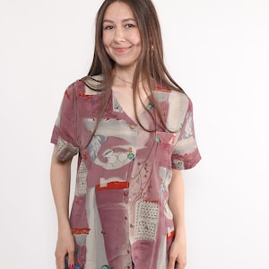 80s abstract art print blouse, vintage bohemian pinky floral blouse, Size XL