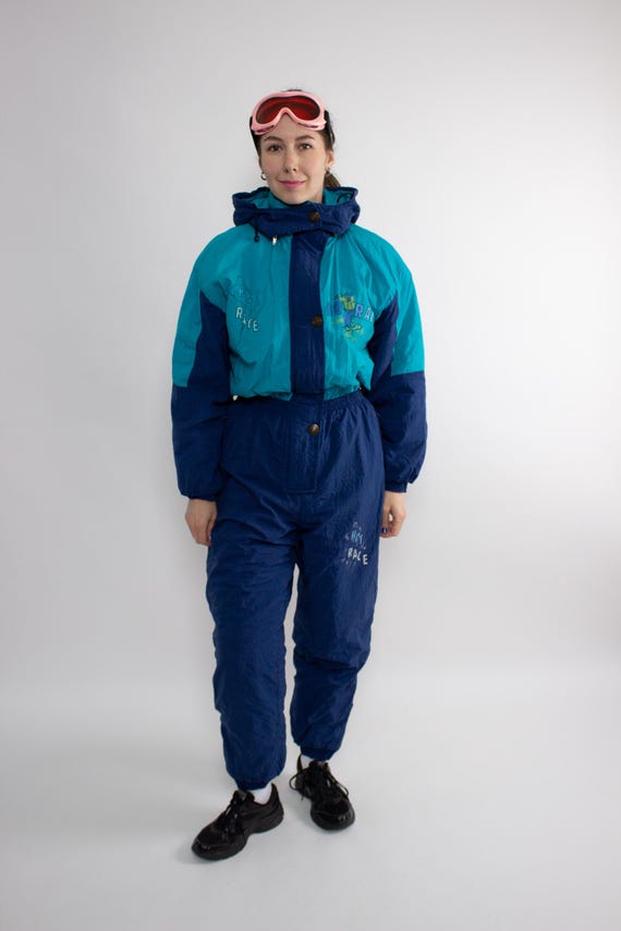 Vintage 80s Blue One Piece Ski Suit with Hood, Retro Winter Snowsuit, Size M