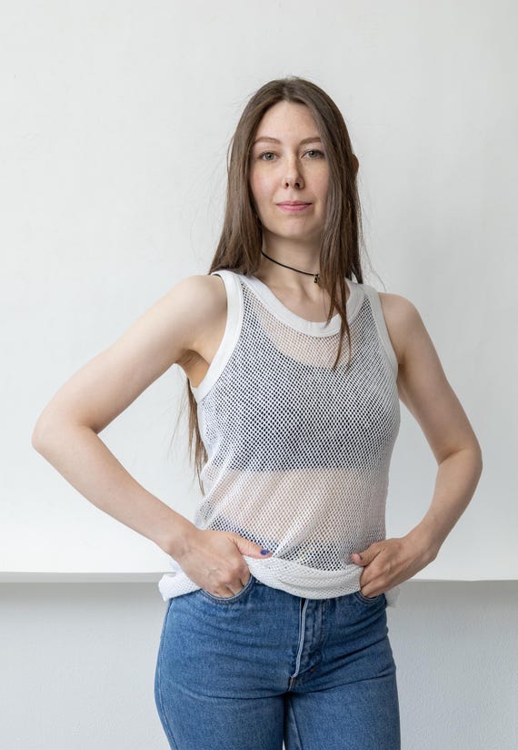 Y2K Mesh Tank Top White Sheer Grid Top Vintage 2000s Festival