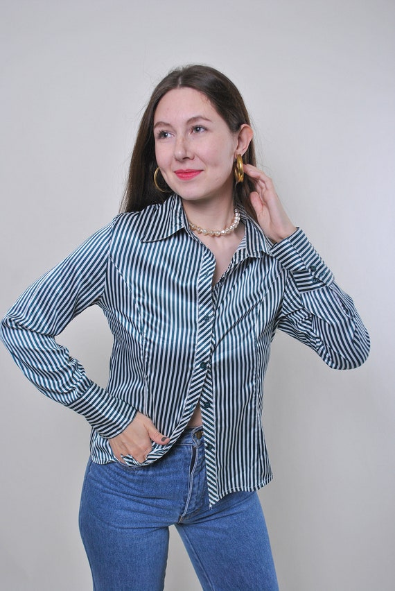 90s Green Striped Satin Blouse Vintage Fitted Long Sleeve Button Up Shirt Size M
