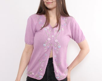 Jaren '90 bloemen geborduurde blouse, vintage paarse kleur bloemen gebreide top, maat M