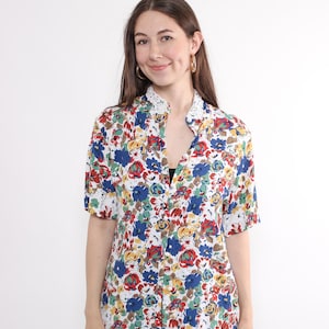 80s Floral Print Viscose Blouse: Vintage Lace Collar Shirt, Size M