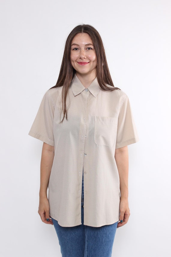 90s Beige Micro Check Blouse Vintage Button Up Chest Pocket Shirt Size L