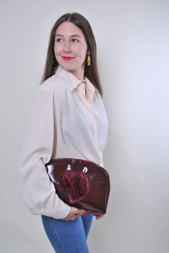90s Vintage Red Handbag with Faux Fur Heart