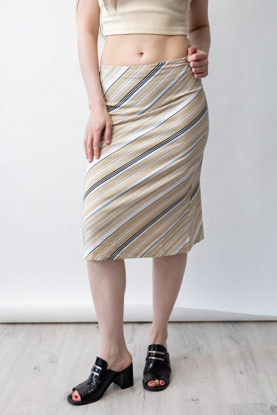 y2k Midi Pencil Skirt Diagonal Stripe Beige Black Vintage Stretch Skirt…