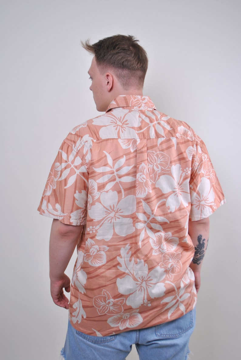 Floral shirt summer outfit hawaii print short sleeve flowers patterm orange white sea blouse boho top Size L button down