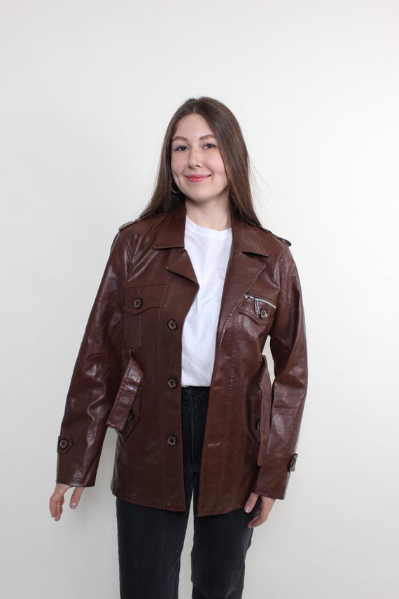 Vintage 90s Brown Leather Jacket, Retro Longline Minimalist Leather Trench Coat, Size L