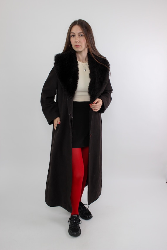 90s Vintage Dark Green Wool Overcoat: Faux Fur Collar, Maxi Length