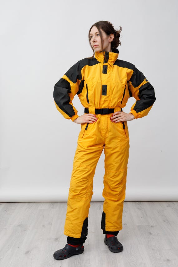 Mustard Yellow Black Ripstop Colorblock Vintage Ski Suit Jumpsuit Snow Gaiters Size S