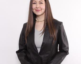 90s leather blazer, vintage brown western style button front jacket, Size M