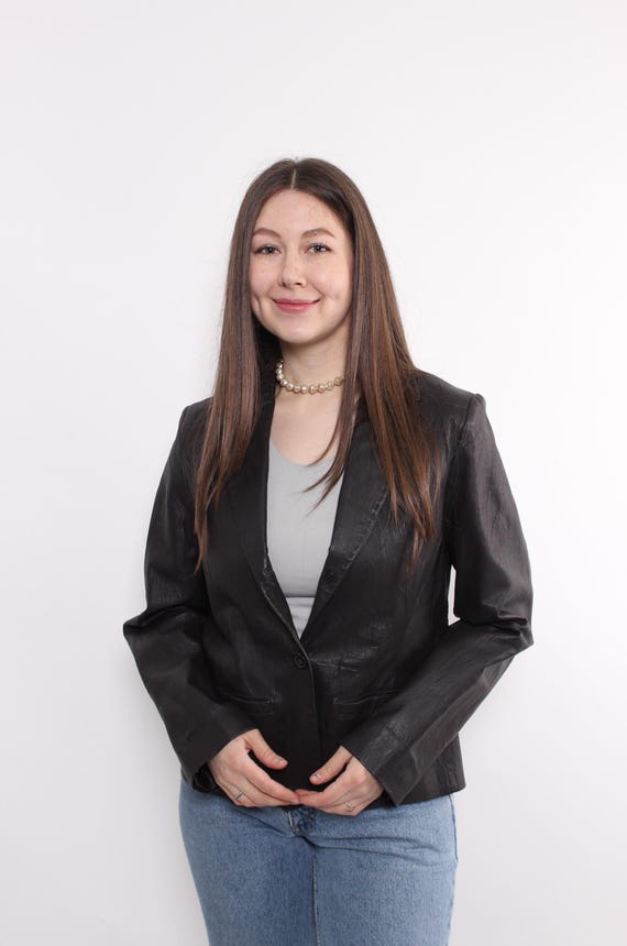 90s leather blazer, vintage brown western style button front jacket, Size M