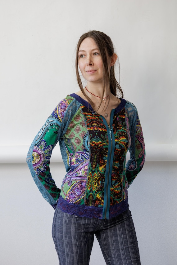 Y2K Patchwork Paisley Zip Top Vintage Lace Panel Psychedelic Boho Festival Jacket Size S