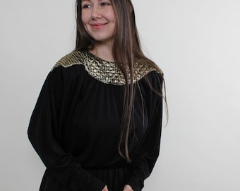 Vintage 90s Black Cocktail Blouse - Gold Costume Style - Size M