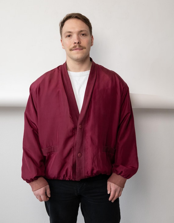 90s Burgundy Silk Cardigan Jacket Vintage Oversized Shawl Collar Bomber Size XL